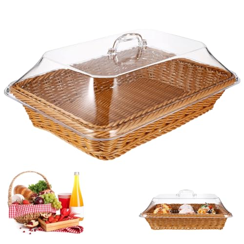 Elegant Wicker Storage Basket with Acrylic Lid for Food Serving, Tabletop Woven Bread Basket, Brown Picnic Basket