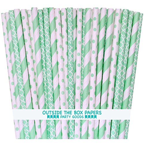 Outside the Box Papers Stripe, Dot and Lattice Paper Drinking Straws 7.75 Inches- 75 Pack Mint Green, White