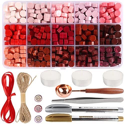 Sealing Wax Beads Kit, Sealing Wax Kit with 375 Pieces Sealing Wax Beads(15 Colors), Candles, Metal Pens, Wax Spoon, Tweezers, Coloured Ribbons, Wax Seal Kit for Gift, Sealing Envelopes and Crafts