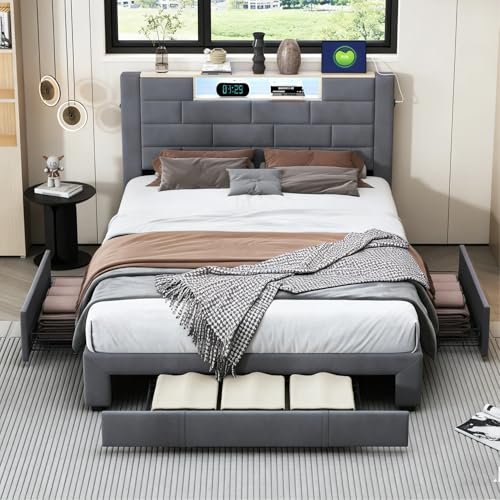 BRILVERDE Letto imbottito 160x200 con Contenitore, letto matrimoniale con USB e LED, con 3 cassetti, letto funzionale con testiera, struttura letto con rete a doghe, velluto (Grigio, 160 x 200 cm)