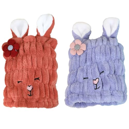 Larfraecy 2Pcs Toallas para secar el Pelo con Orejas de Conejo,Cabello Turbante de Secado rápido Coral Fleece,Gorro de Pelo Seco,Toalla de Microfibra para el Pelo para niños,niñas y Mujeres