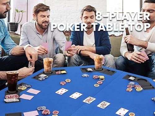 Murago 48\" Portable Poker Table Top, Foldable Board Game Mat with Chip Trays, Cup Holders, Carry Bag, Blue Felt