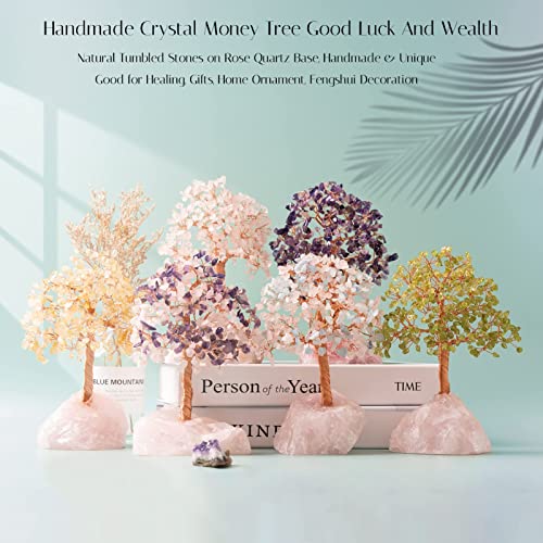 Gemboury Natural Amethyst Crystal Tree (324 Gemstone),Tree Of Life Pendant Necklace Reiki Handmade Rose Quartz Base 7.5“-8.5",Bonsai Crystal Feng Shui Money Tree For Healing Luck Home #TOP2