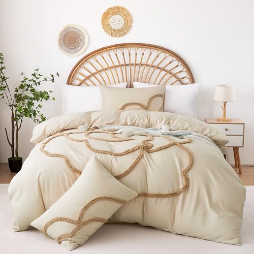 Ubo&Heng'er Duvet Cover Twin Size, Twin Duvet Covers Set, Boho Tufted Comforter Sets with Zipper Closure, Soft Breathable Floral Bedding Set for All Seasons(Beige, Twin,68"x90")