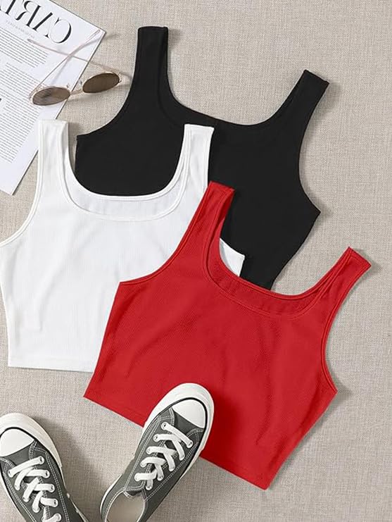 Image of Toochki Women's Knitted Sleeveless Solid Sqaure Neck Ribbed Tank & Crop Tops (Pack of 3)