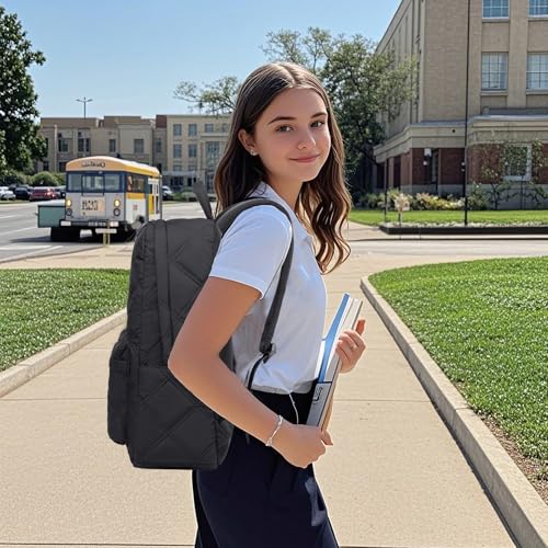 LOIDOU School Backpack for Teen Girls College Backpack Womens Laptop backpack Quilted Bookbags Elementary High School Laptop Bags Women Travel Casual Daypacks (Black)3