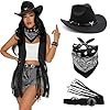 LISINGLINGO Costume da hippie da donna da cowgirl western outfit set da 60 anni '70 stile vintage cappello da cowboy sciarpa quadrata per Halloween carnevale Natale feste a tema cosplay