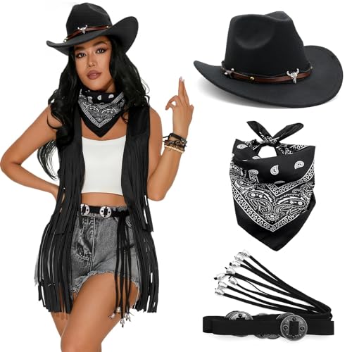Karnevalskostüme Western-Outfit für Damen Hippie Kostüm Set 70er Jahre Outfit Cowboy Hut Western Outfits Zubehör Kit Halloween Weihnachten...