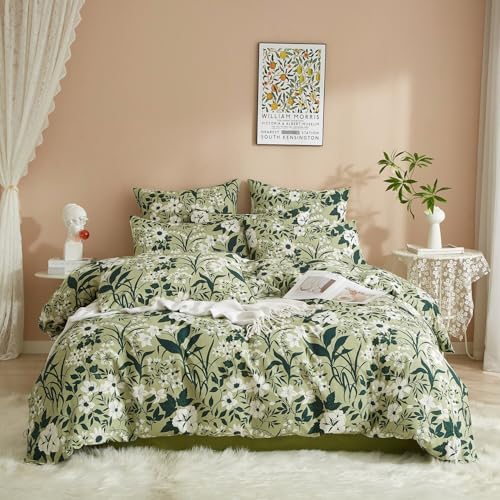 Luowei Juego de ropa de cama verde de algodón 135 x 200 cm, diseño de flores, color verde oscuro y blanco, funda nórdica con cremallera y 1 funda de almohada de 80 x 80 cm