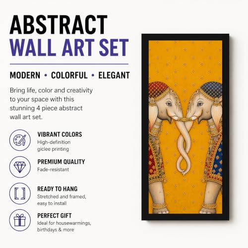 Image of Paintingmantra Traditional Floral Pichwai Framed Wall Art Painting For Living Room | Elephant, Lotus Flowers, Cow Poster with Frame for Wall, Decoration item for Bedroom, Set of 4, Size- 9.5x19.5 Inch