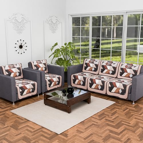 Image of Kuber Industries Set of 10 Velvet Anti-Skid Sofa Cover 5-Seater | Comfortable Slipcover Sofa Cloth & Furniture Protector for Home Decor | Triangular-Cream & Brown