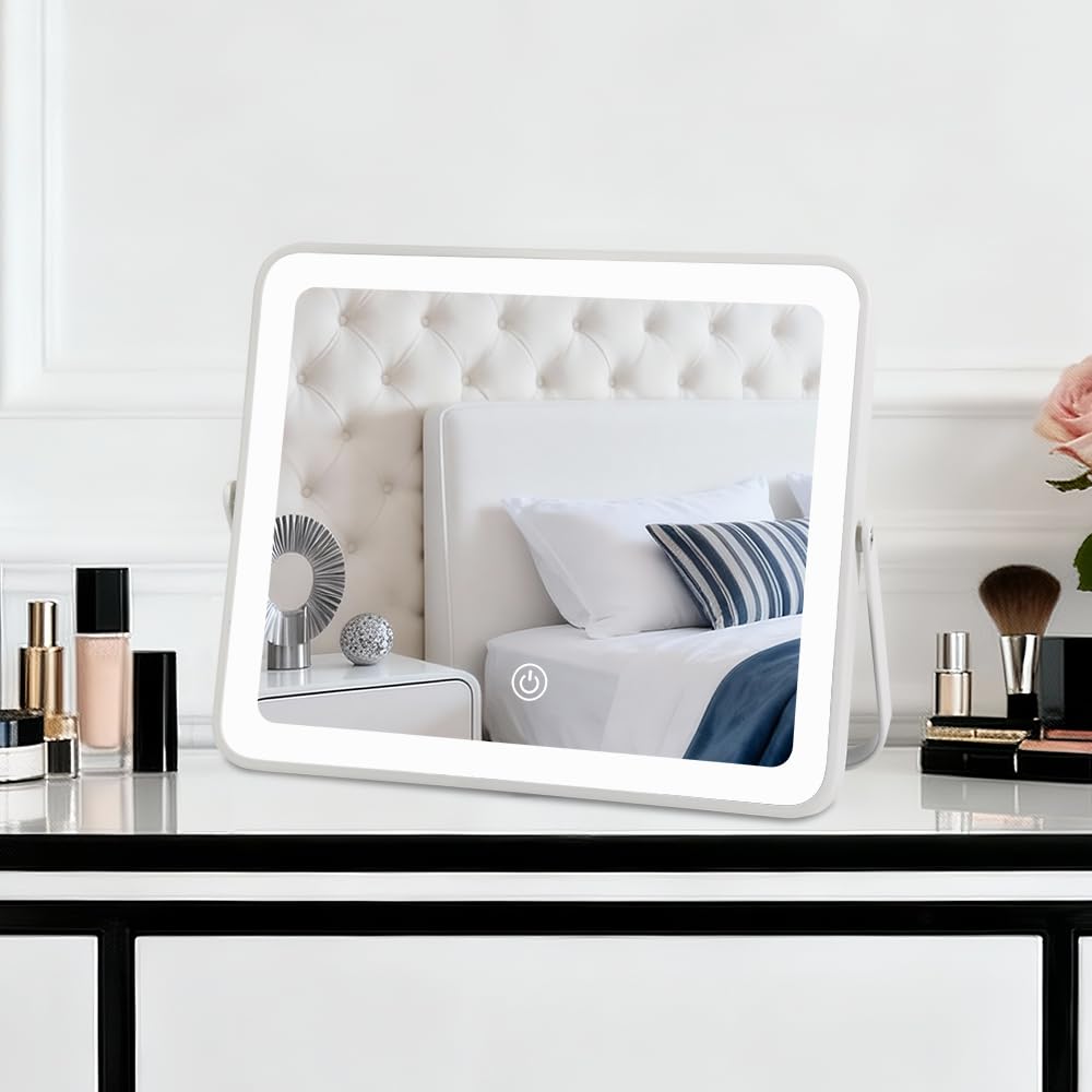YEKKOPT Specchio da scrivania portatile con luci, piccolo specchio da trucco ricaricabile con luci, touch screen intelligente con illuminazione a 3 colori, dimmerabile, per dormitorio, tavolo, camera