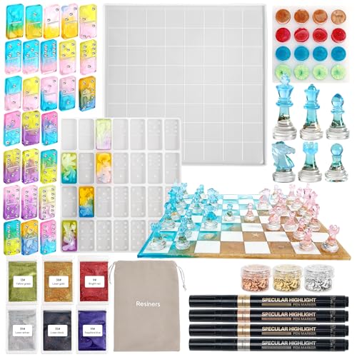 Resiners Chess Mold Set Silicone Resin Molds for Chess Dominoes&Checkers
