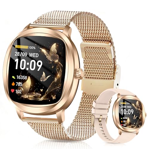 Image of Smart Watch for Women, 1.72 inch Fitness Tracker with Answer /Make Calls, Sleep /Heart Rate Monitor, Smartwatch for Android iOS Support 100+ Sports Modes, IP68 Waterproof, Fitness Watch with 2 Band (Gold)