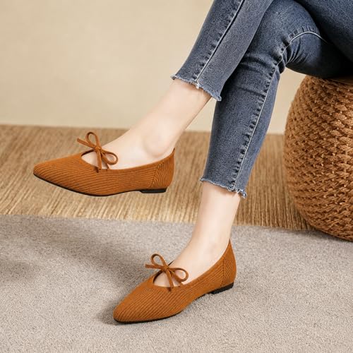 Image of TINGRISE Women's Pointed Toe Flats Comfortable Knit Ballet Shoes Washable Dressy with Bow Business Casual Work Shoes