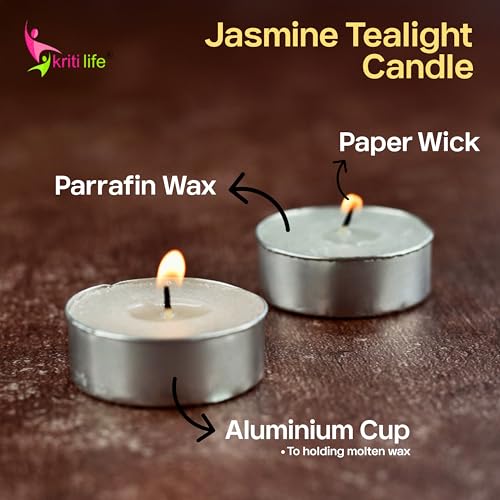Image of Kriti Life Jasmine Scented Tealight Candles 100% Paraffin Wax 4.5 Hours | Smokeless Dripless White Candles for Home Meditation - Set of 50
