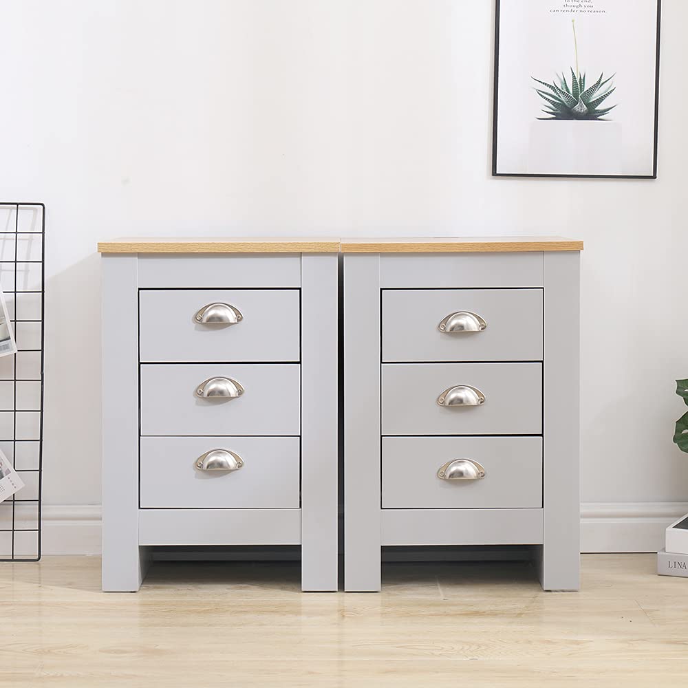 DONEWELLBedroom Furniture Bedside Table Chest of Drawers Wooden,White+Oak/Grey+Oak,Uk Delivery (Grey 3 Drawer Chest x 2 PCS)