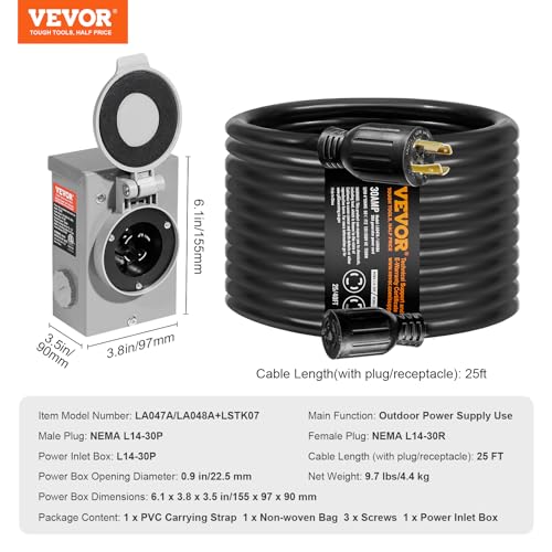 VEVOR 30 Amp Generator Cord and Power Inlet Box Kit, 25 FT, NEMA L14-30P/L14-30R STW 10 AWG Generator Power Extension Cord with Twist Lock Connector, Pre-Drilled Inlet Box for RV Outdoor, ETL Listed by VEVOR - Image 7