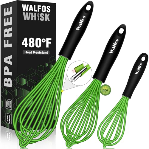 Image of Walfos Silicone Whisk, Rubber Whisks for Cooking, Baking (11,9,8.5 inch) - Heat Resistant Kitchen Whisks for Non-stick Cookware, Balloon Egg Beater Perfect for Blending, Whisking, Beating, Frothing