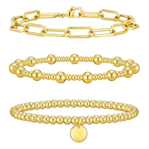 Wowshow Gold Bracelets for Women Strand Gold Beaded Bracelets for Women Initial Bracelet with X Letter Gold Bracelet Stack Set 14K Gold Plated Bead Ball Bracelet Gold Jewelry Gifts for Women Cover