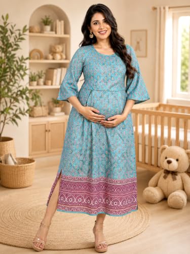 Image of RITIJYA Zipless Feeding Kurta Dress for Women | Maternity Nursing Kurti, No-Zip Easy Access | Extra Pleats Pre to Post Pregnancy | Quick-Dry Fabric | S-4XL