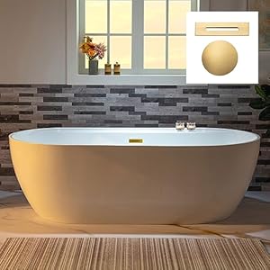 WOODBRIDGE 72″ Acrylic Freestanding Bathtub Contemporary Soaking White Tub with Brushed Gold Overflow and Drain,B0059-BG