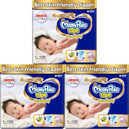 Image of Mamypoko New Baby| Tape Style Baby Diapers, 28 Count, 3-5kg||2x Instant Absorption| Soft stretchy fit |Natural Extracts for Nourishment | Loose Stool Stopper, Wetness Indicator (Pack of 3)