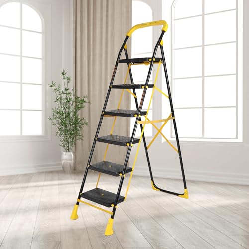 Parasnath 6 Step Yellow Diamond Steel Foldable Ladder for Home - Wide Anti Skid Plastic Step Ladder for Extra Gripping 6.2 FT Ladder - 6 Year Manufacturer Warranty - Made in India