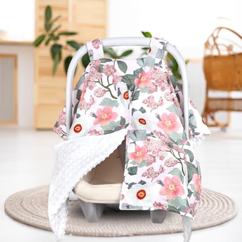 Image of TANOFAR Baby Carseat Canopy, Peekaboo Opening Car Seat Canopy for Babies, Soft and Breathable Infant Carrier Canopy, Multi-use Baby Carrier, Stroller, Nursing Cover, Minky Blanket, Retro Flower