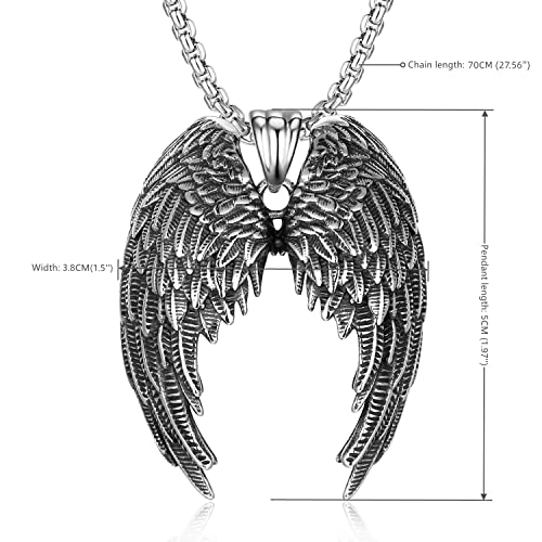 Biyongde Stainless Steel Vintage Angel Wing Pendant 28 In Chain Necklace Unisex Men Women #TOP2