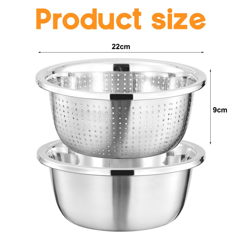 CEWROM Set di 2 scolapasta in acciaio inox e ciotole, 22 cm, scolapasta impilabile con ciotola, colino per cibo da cucina per lavare pasta, frutta, verdura, resistente e lavastoviglie