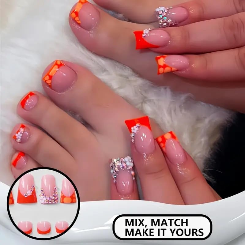 Image of 48Pcs Orange Press on Nails French Tip Press on Toenails Set Duck Fake Nails with Rhinestone Design Flower Glue on Toe Nails Glossy Artificial Acrylic Full Cover for Women Manicure