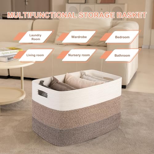 Image of OIAHOMY 108L Large Cotton Rope Basket, Rectangle Woven Baskets for Storage, Nursery Blanket Storage Living Room, Toy Basket with Handle-25 inchx16 inchx16 inch-Gradient Dark Brown
