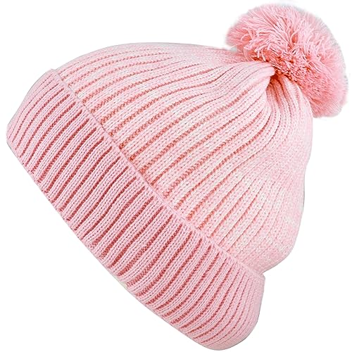 Kids Knit Daily Pom Beanie Hat with Thick Fleece Lining for Boys and Girls Versatile Winter Warm Cozy Skull Hats for Children (Light Pink)