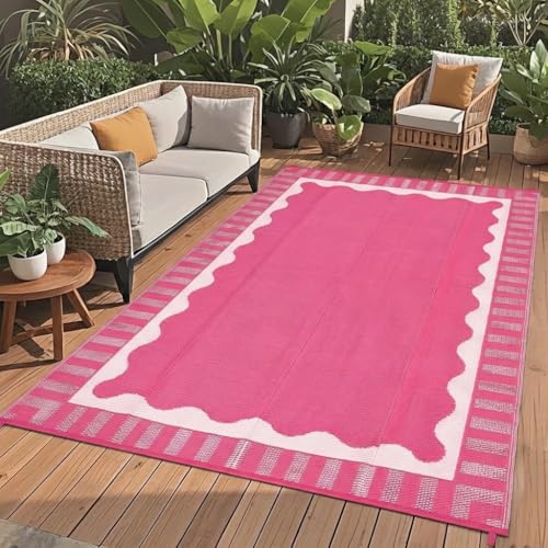 Garvee Scalloped RV Rugs for Outside 8x10 Patio Rugs Outdoor Waterproof Modern Border Foldable Reversible Rug UV Resistant Plastic Straw Carpet for Picnic Backyard Porch Beach Camper Hot Pink
