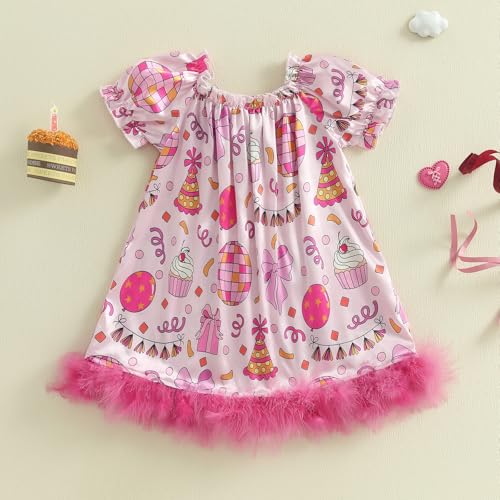 Kuriozud Birthday Girl Outfit Silk Birthday Pajamas Dress Nightgown Feather Trim Pjs Toddler Little Girl Gift4