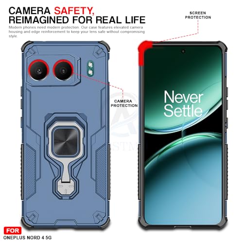 Image of AESTMO Armor Back Cover for OnePlus Nord 4 5G | Ring Holder & Kickstand & Camera Protection in-Built | 360 Degree Protection Back Case Cover (Blue)