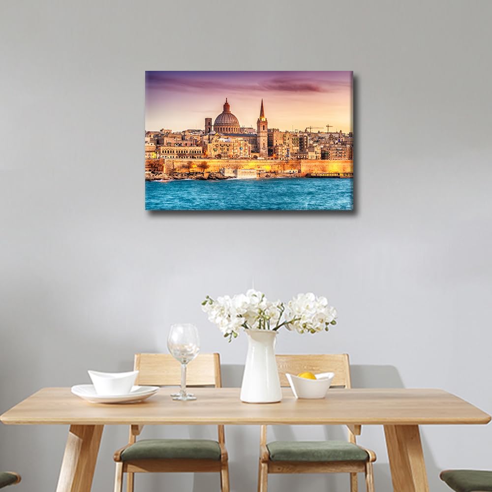 TISHIRON Valletta Skyline at Sunset Canvas Wall Art Europe City Malta Posters & Prints Artwork Contemporary Home Decor Stretched Canvas Picture for Living Room Bedroom Home Office Decor 24x16in - Image 3