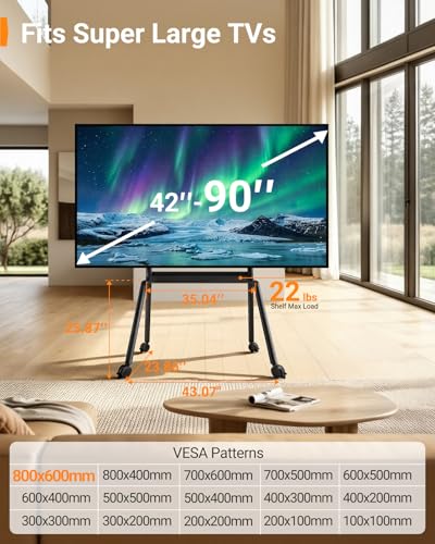 Image of Perlegear Rolling TV Stand for 42″-90″ TVs up to 220 lbs, Four Leg Heavy Duty TV Stand with Lockable Wheels, Outdoor Height Adjustable Mobile TV Cart with Anti-Drop Shelf, Max VESA 800x600mm, PGTVC45B