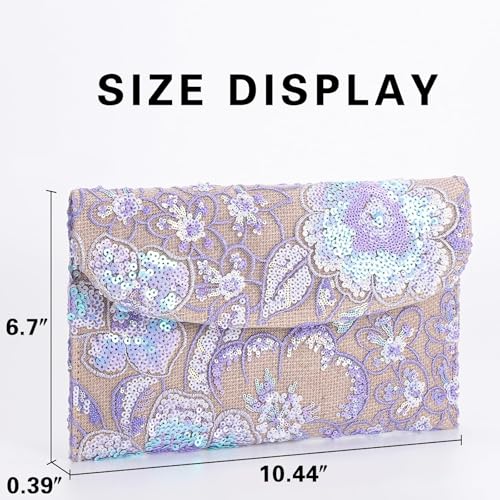 Image of Clutch Purses for Women, Envelope Package, Sequin Embroidered Flowers Straw Bag, Bohemian Handmade Handbags