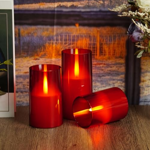 Image of Flameless LED Candles, Upgraded Realistic Flickering Flame Pillar Battery Operated Candles with Remote Timer, Acrylic Electric Set of 3 for Home Decoration and Holiday Celebrations（Red）