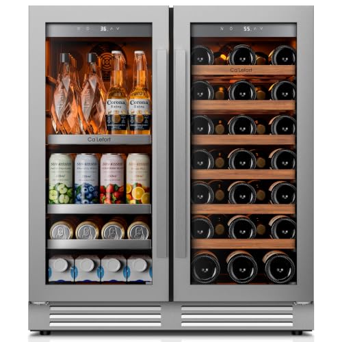 Image of Ca'Lefort 30 Inch Wine and Beverage Refrigerator, 80 Can & 33 Bottle Fridge | 36-72F Control, Adjustable Shelves, Glass Door & 3-Color LED, Automatic Defrost, Built-In or Freestanding for Home Bar
