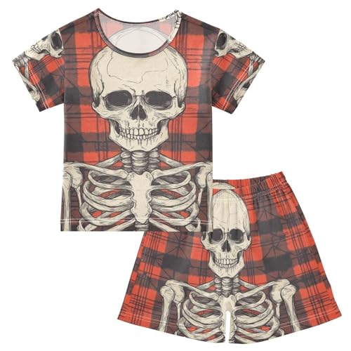 ALAZA Skeleton and Plaid Pajama Set Short Sleeve Sleepwear Soft Lounge Nightwear