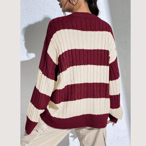 Image of Women Y2K Striped Sweater 90s Vintage Aesthetic Long Sleeve V-Neck Knit Pullover Jumper Loose Fall Sweatshirt