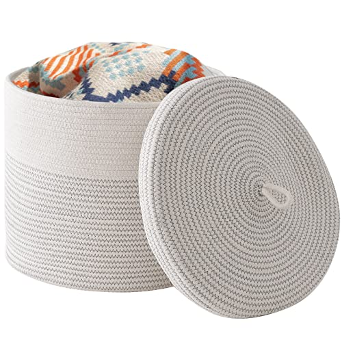 Tegance Blanket Basket with Lid, 16" D x 14" H Large Woven Rope Basket Laundry Basket Baby Toy