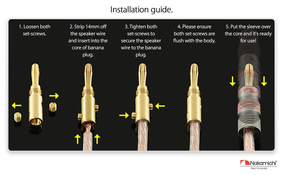 Image of Nakamichi Ultimate Series 24k Gold Plated Beryllium Red Copper Banana Plug 12 AWG - 18 AWG Gauge Size 4mm for Speakers Amplifier Hi-Fi Stereo Receiver Audio Wire Cable Connector 12 Pcs (6-Pairs)