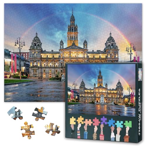 1000 Piece Jigsaw Puzzle for Adults Rainbow over Glasgow City Puzzle 50x70cm Chambers and George Square Scotland Challenging Puzzles Coolest Adult Puzzles Unique Gift