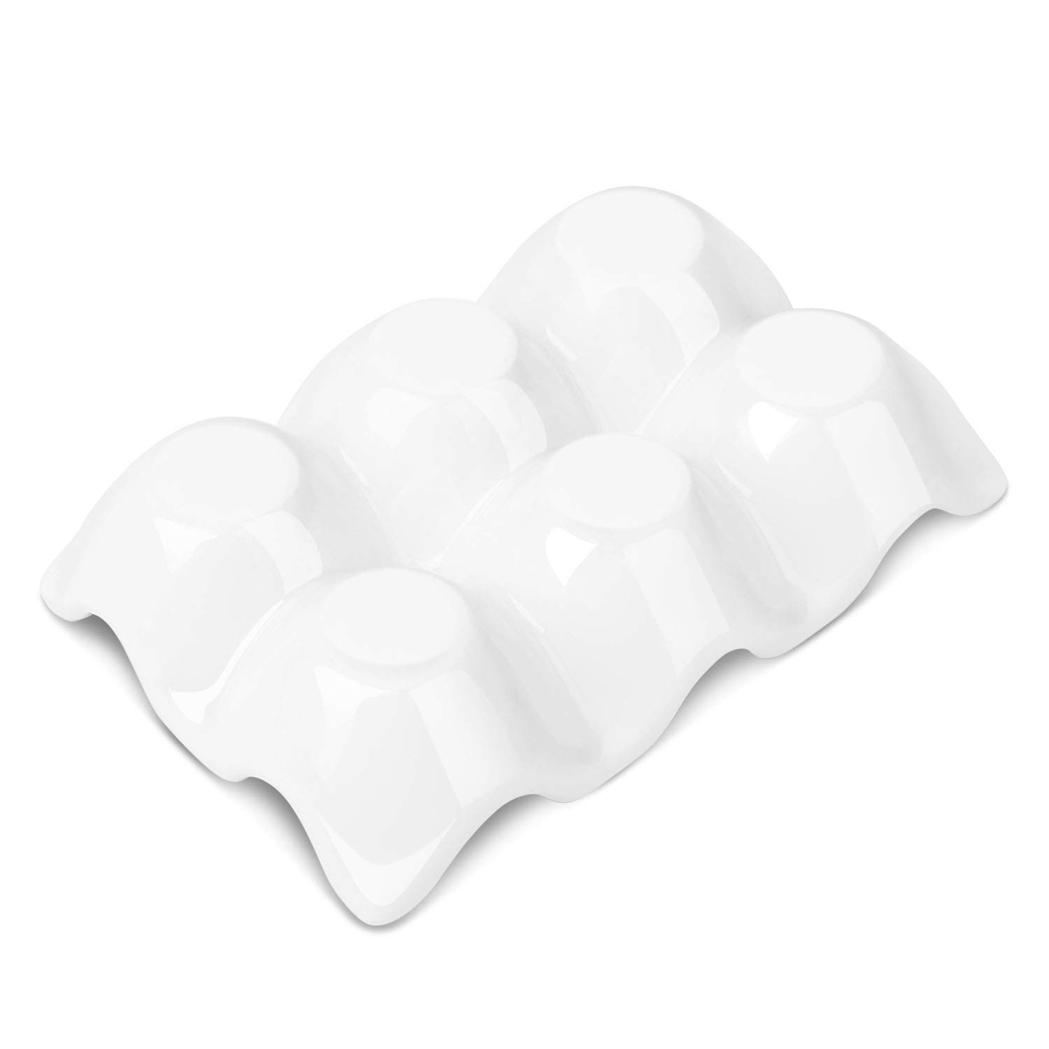 Flexzion Caja de huevos de porcelana, bandeja de cerámica de 6 capacidades, soporte de media docena, plato decorativo blanco y organizador de almacenamiento, paquete de 2