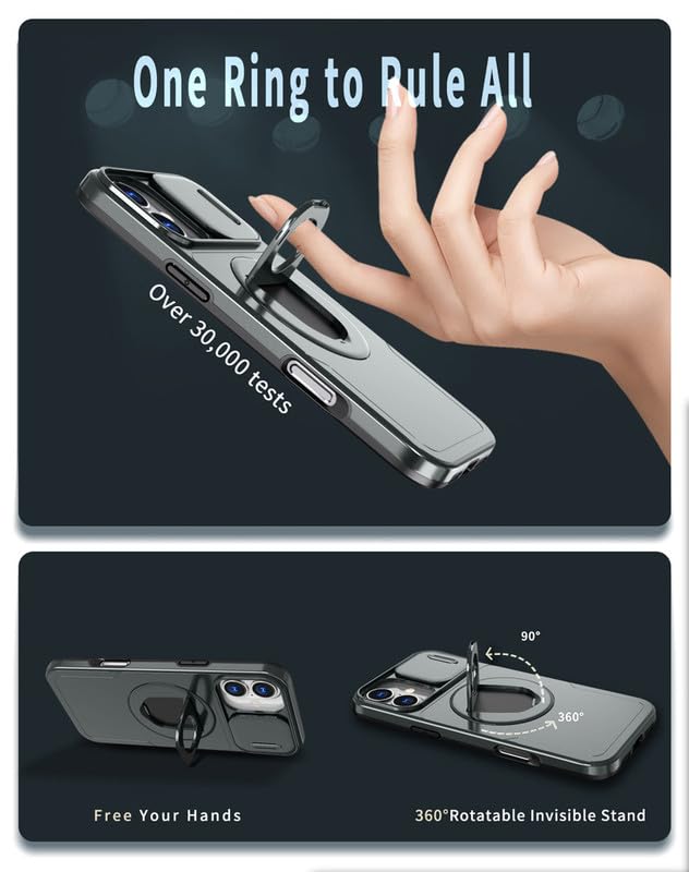 Image of LuxuryKase MagSafe Shockproof Rugged Back Case for iPhone 17 | Finger Ring Kickstand & Sliding Camera Cover | Military Drop Protection | Wireless Charging Support - Grey