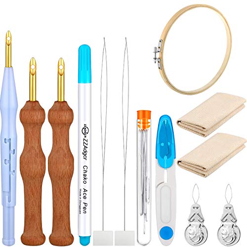 21 Pieces Punch Needle Embroidery Kits Adjustable Embroidery Hoop, Punch Needle, Wooden Handle Embroidery Pen, Punch Needle Cloth, Needle Threader for Embroidery Beginners